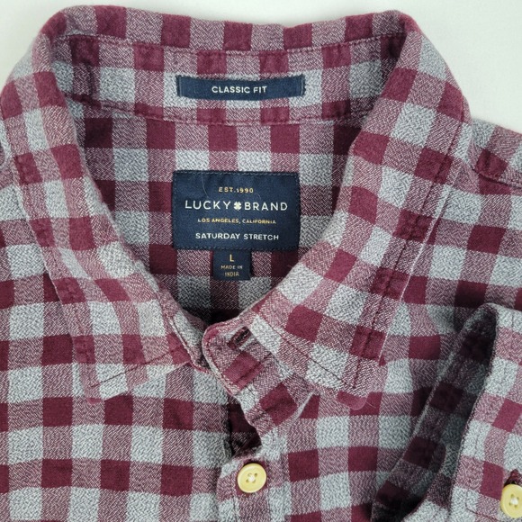 Lucky Brand Classic Fit Burgundy Gray Check Saturday Stretch Button Shirt Mens L - Picture 1 of 5